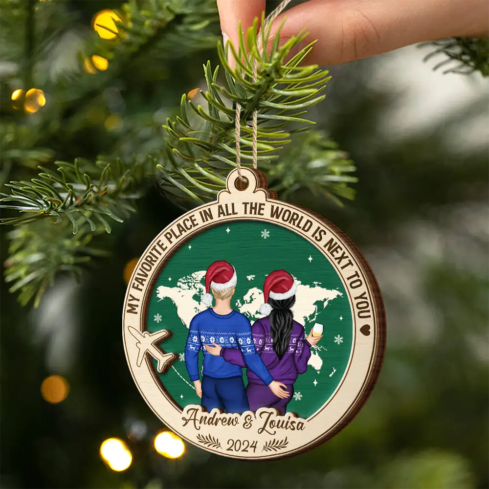 My Favorite Place Is Next To You World Map - Personalized 2-Layered Wooden Ornament - Image 2