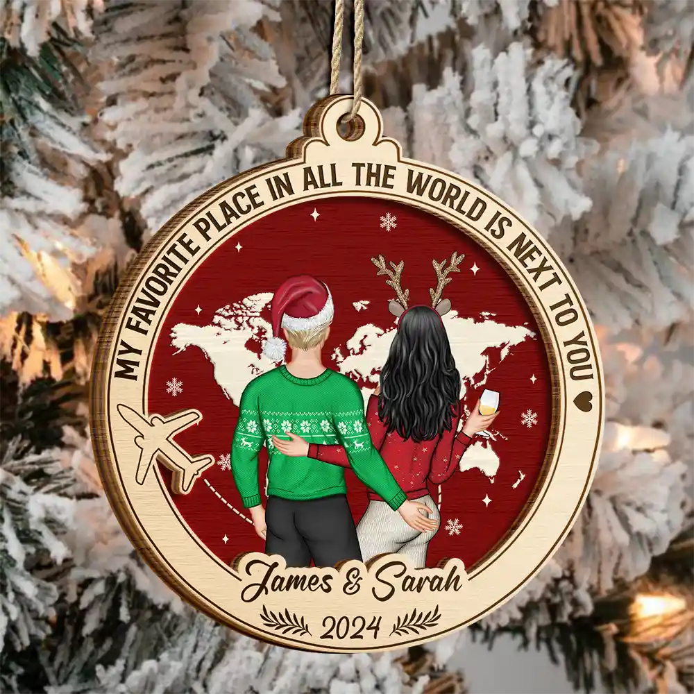 My Favorite Place Is Next To You World Map - Personalized 2-Layered Wooden Ornament - Image 3