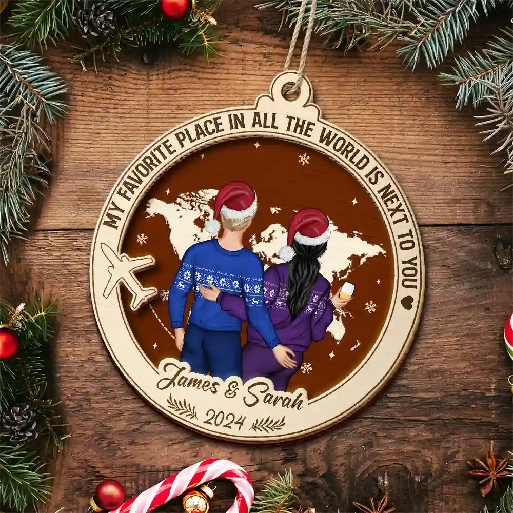 My Favorite Place Is Next To You World Map - Personalized 2-Layered Wooden Ornament - Image 5