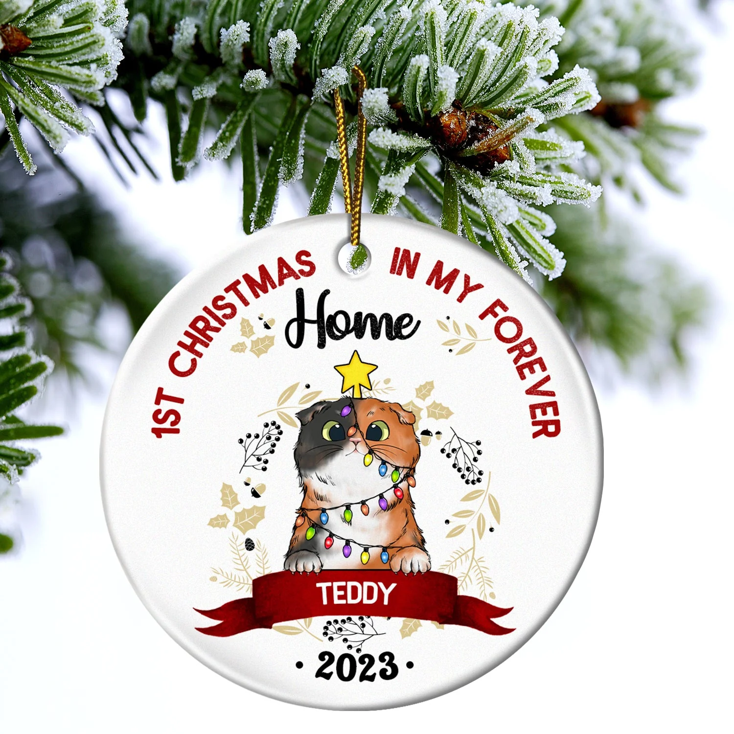 My First Christmas - Gift For Cat Owners - Personalized Circle Ceramic Ornament - Image 4