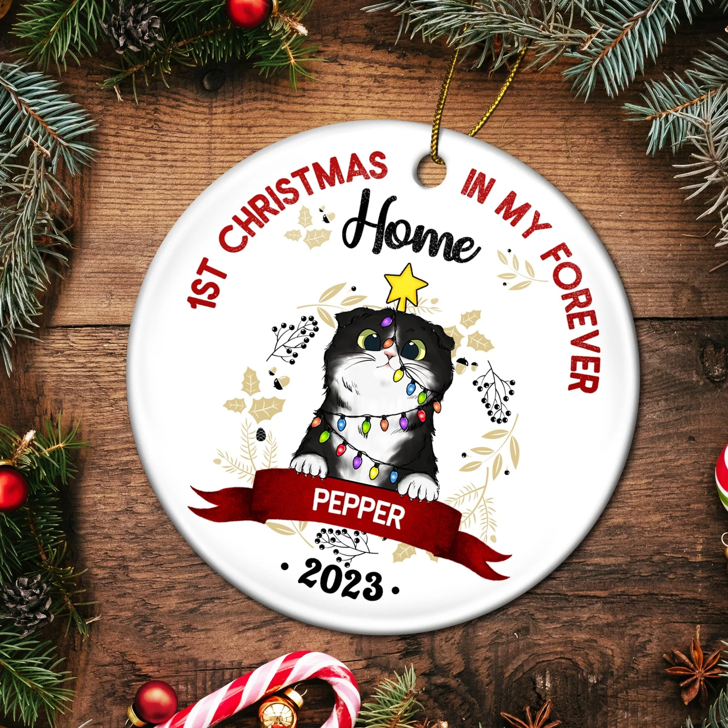 My First Christmas - Gift For Cat Owners - Personalized Circle Ceramic Ornament - Image 5