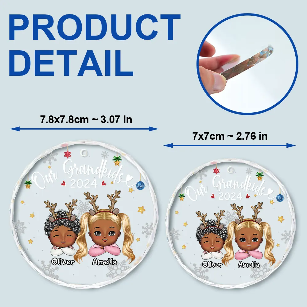 My Grandkids Grandparents Family Chibi - Personalized Circle Glass Ornament - Image 6