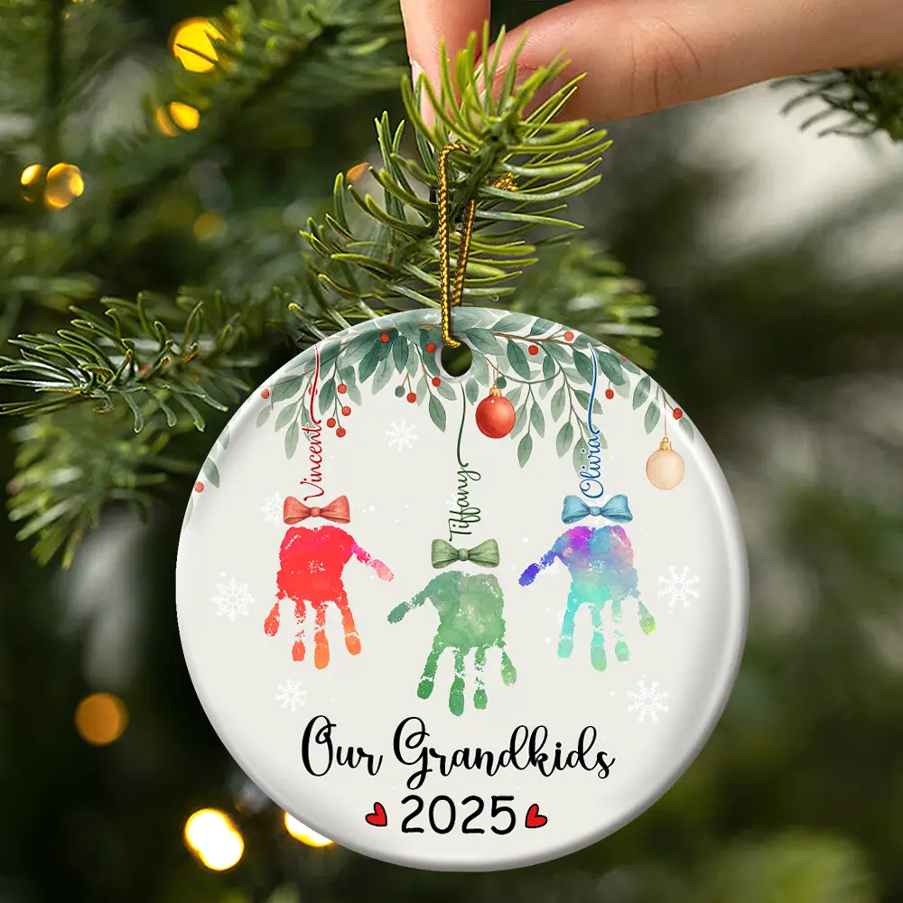 My Grandkids Handprints - Personalized Circle Ceramic Ornament - Image 3