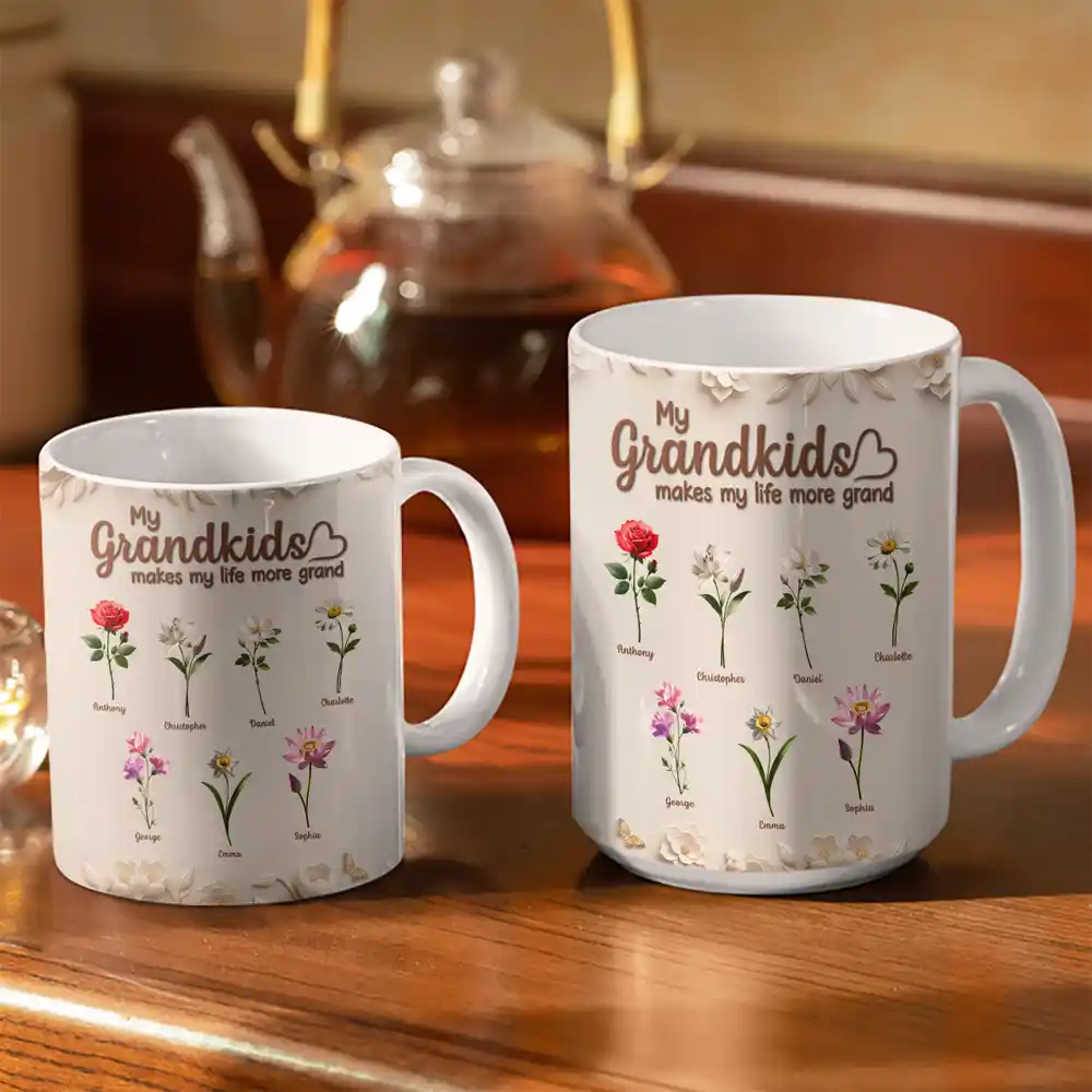My Grandkids Make My Life Grandma 3D Pottery Effect Birth Flower - Personalized White Edge-to-Edge Mug - Image 3