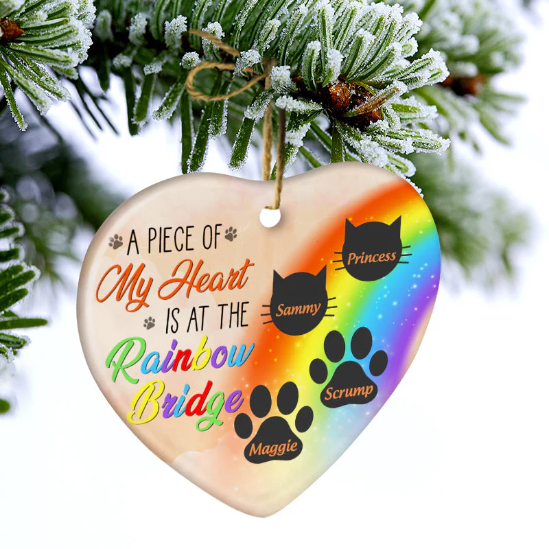 My Heart Is At The Rainbow Bridge Dog Cat - Pet Memorial Gift - Personalized Custom Heart Ceramic Ornament - Image 3
