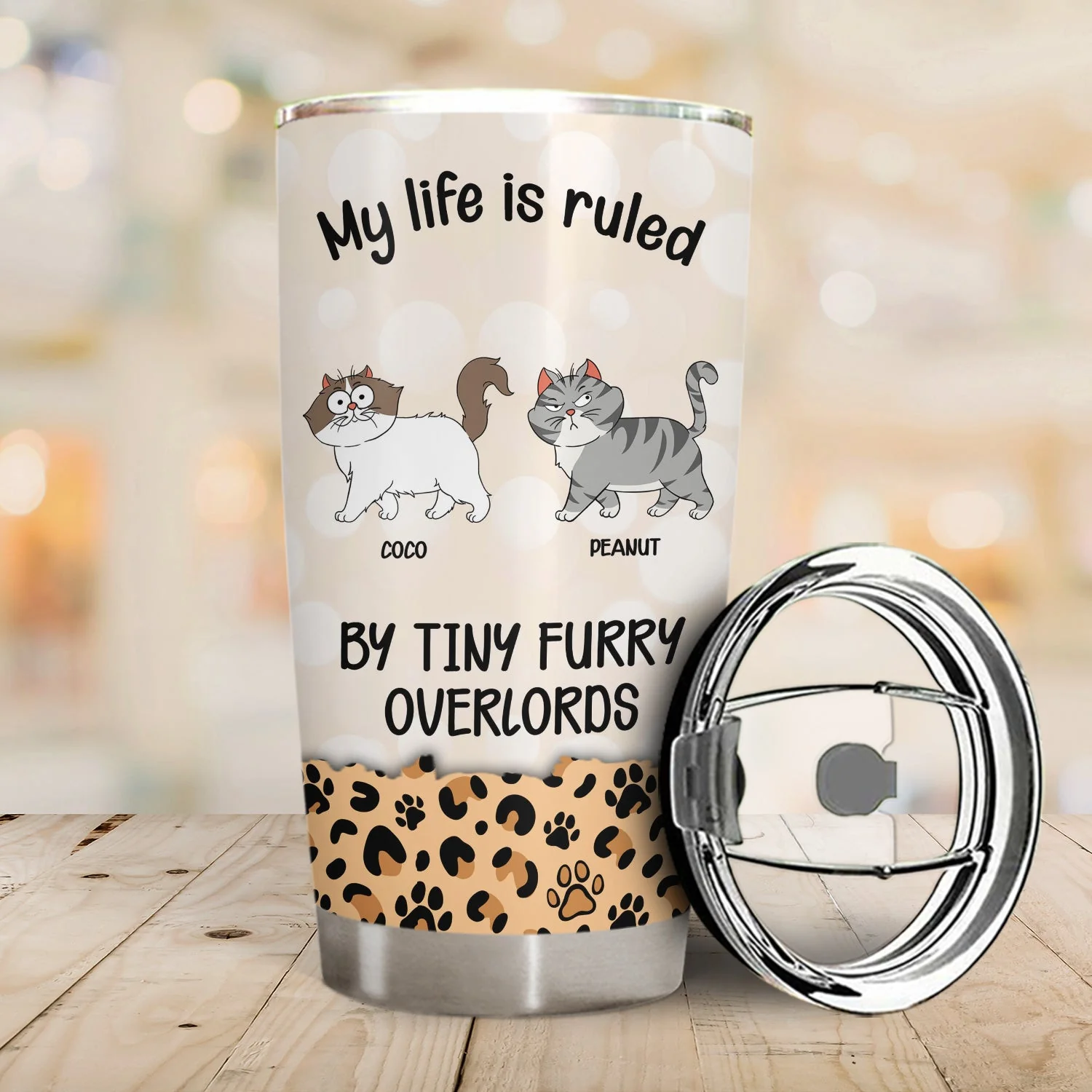 My Life Is Ruled By Tiny Furry Overlords Leopard Pattern - Gift For Cat Lovers - Personalized Tumbler - Image 2