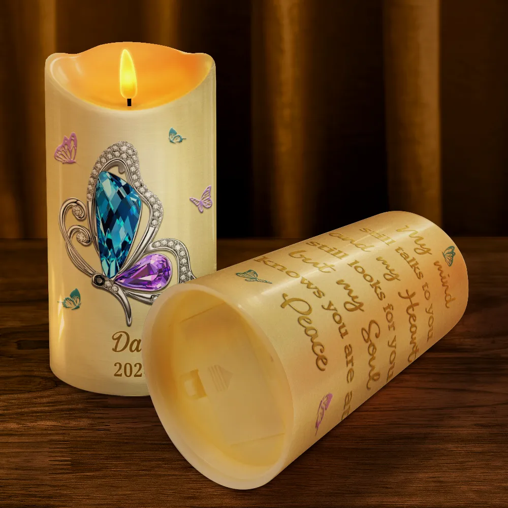 My Mind Still Talks To You Butterfly Memorial - Personalized Flameless LED Candle - Image 4