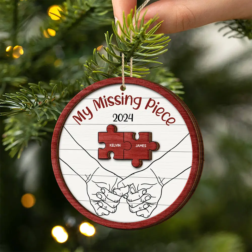My Missing Piece Christmas Couple Holding Hands - Personalized 2-Layered Wooden Ornament - Image 2