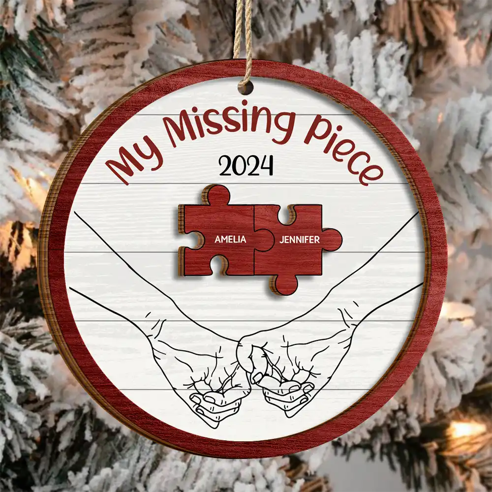 My Missing Piece Christmas Couple Holding Hands - Personalized 2-Layered Wooden Ornament - Image 3