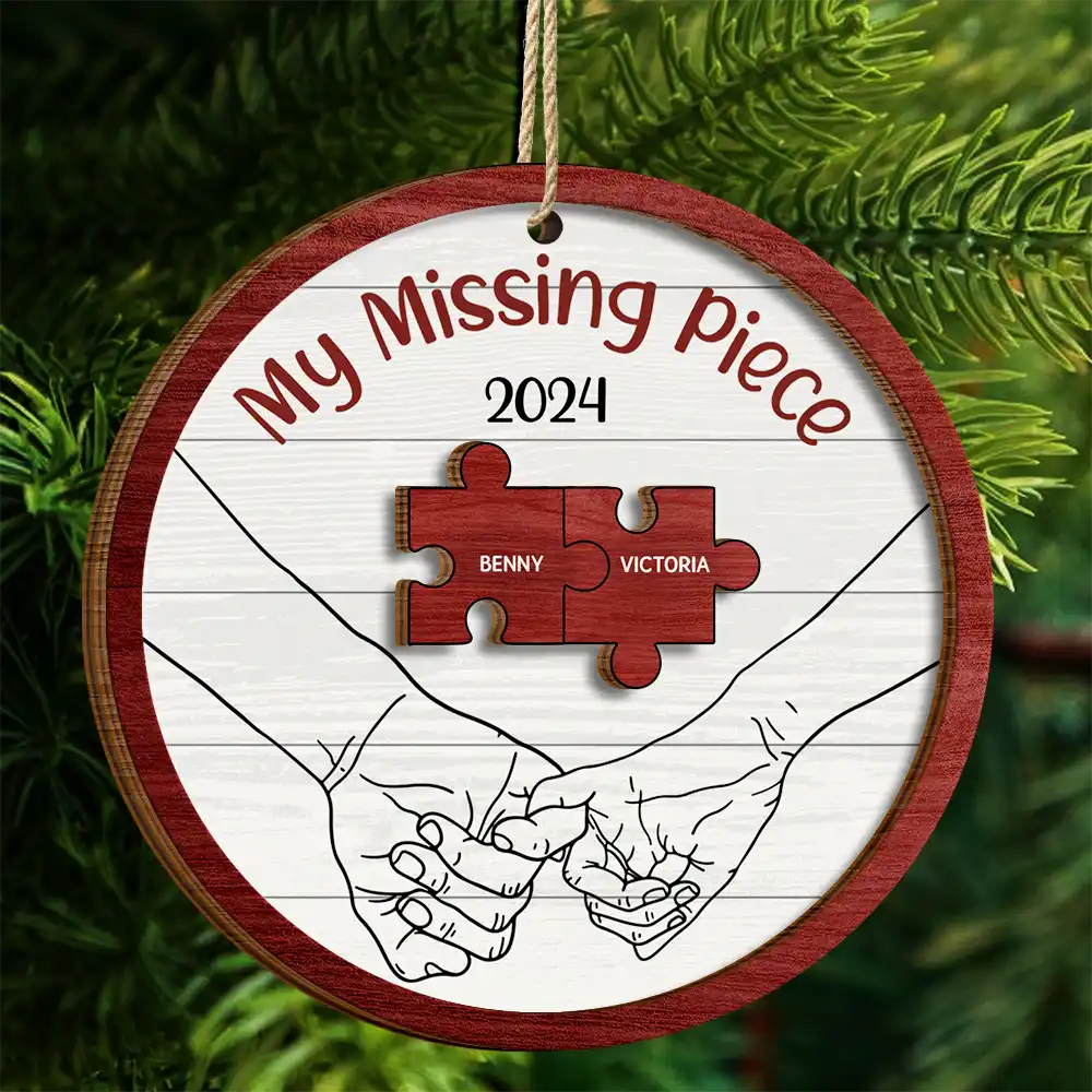 My Missing Piece Christmas Couple Holding Hands - Personalized 2-Layered Wooden Ornament - Image 4