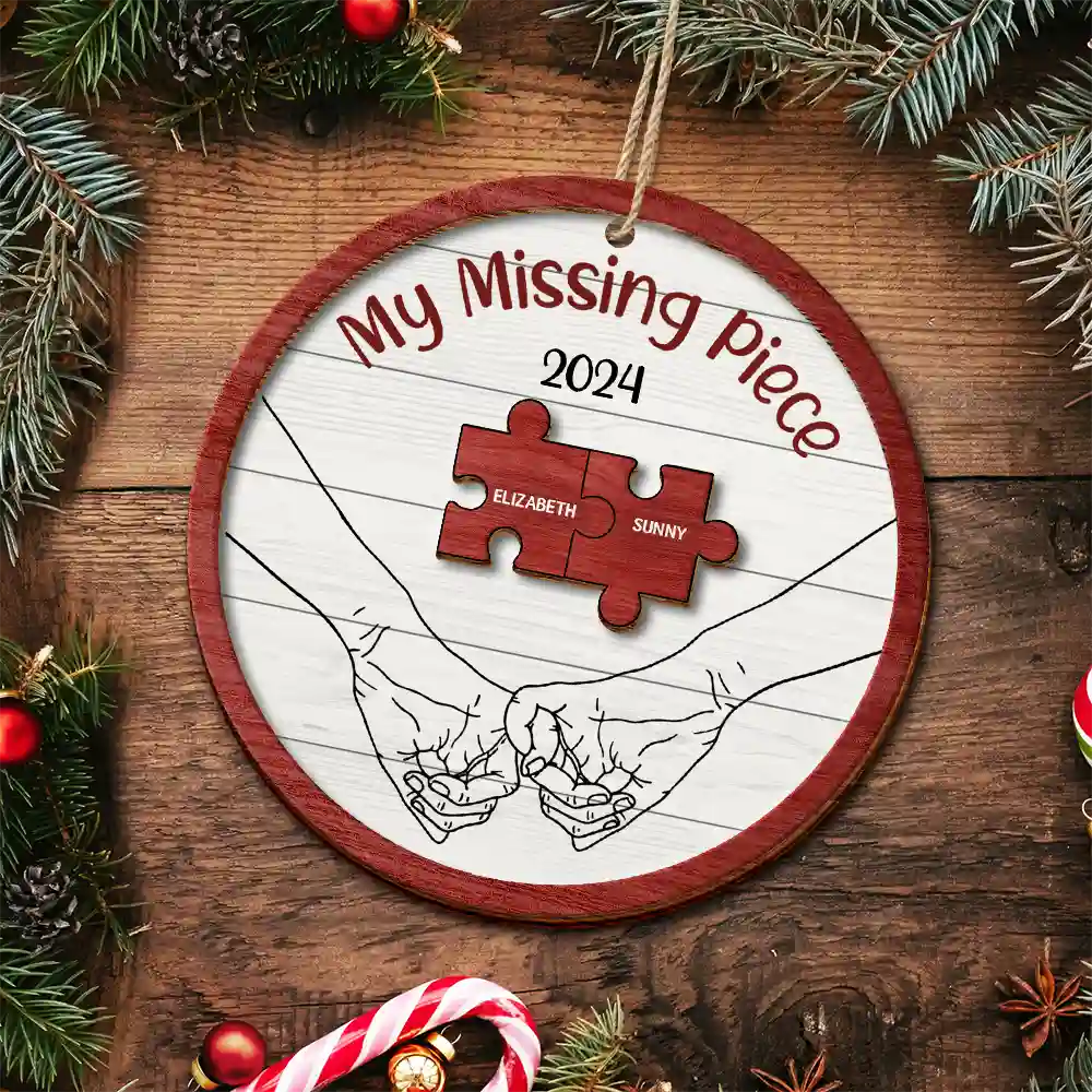 My Missing Piece Christmas Couple Holding Hands - Personalized 2-Layered Wooden Ornament - Image 5