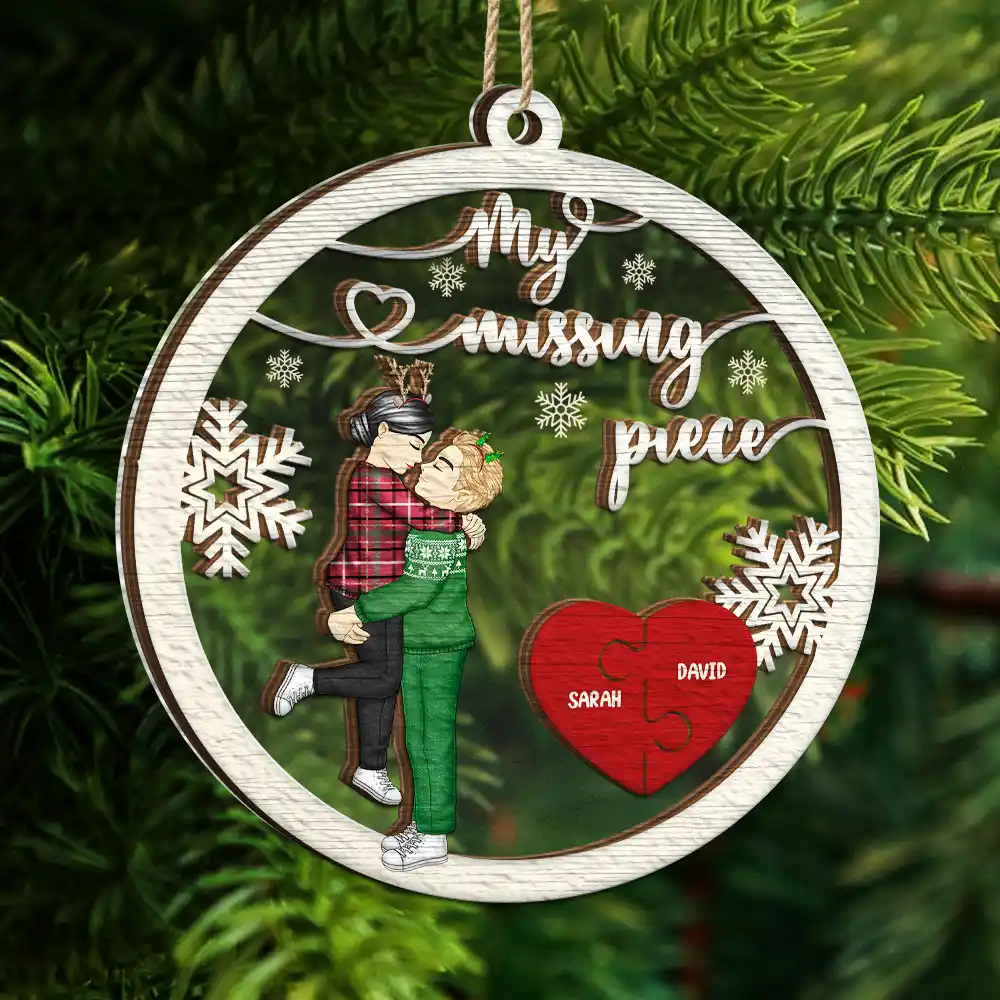 My Missing Piece Christmas Couple Hugging Kissing - Personalized 2-Layered Mix Ornament - Image 5