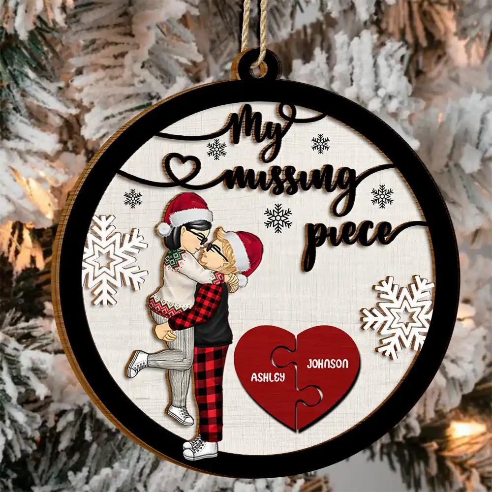 My Missing Piece Christmas Couple Hugging Kissing - Personalized 2-Layered Wooden Ornament - Image 3