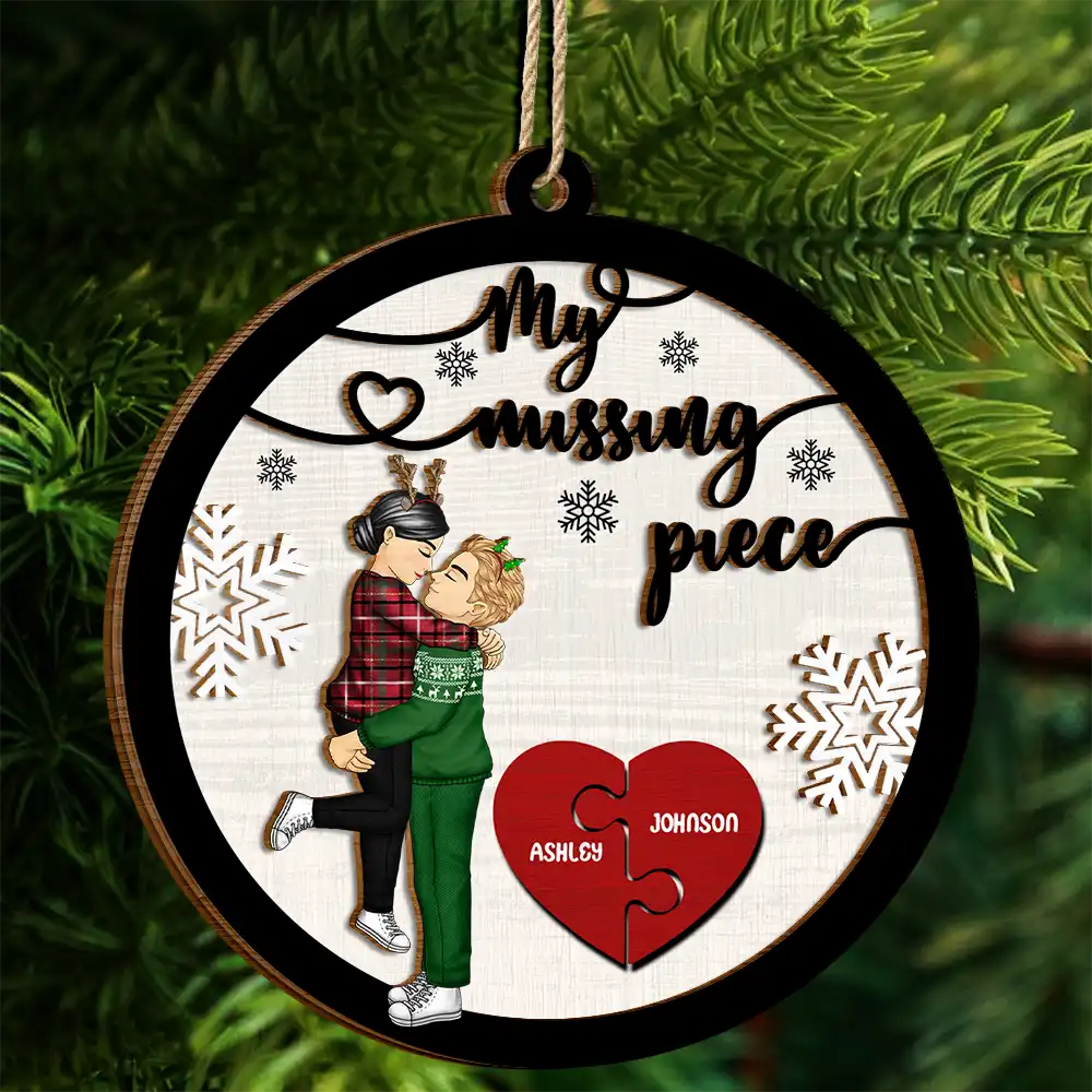 My Missing Piece Christmas Couple Hugging Kissing - Personalized 2-Layered Wooden Ornament - Image 4