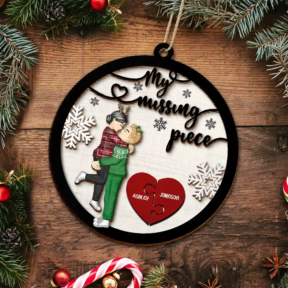 My Missing Piece Christmas Couple Hugging Kissing - Personalized 2-Layered Wooden Ornament - Image 5