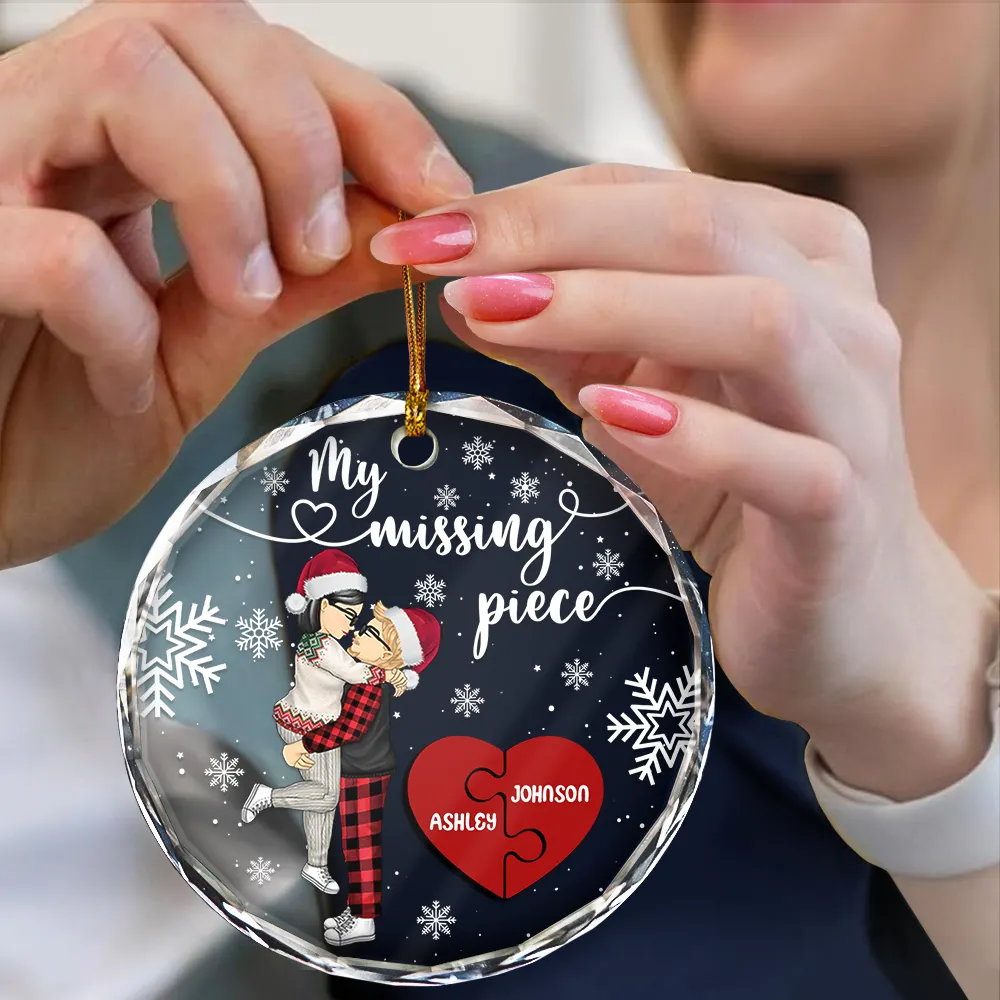My Missing Piece Christmas Couple Hugging Kissing - Personalized Circle Glass Ornament - Image 4