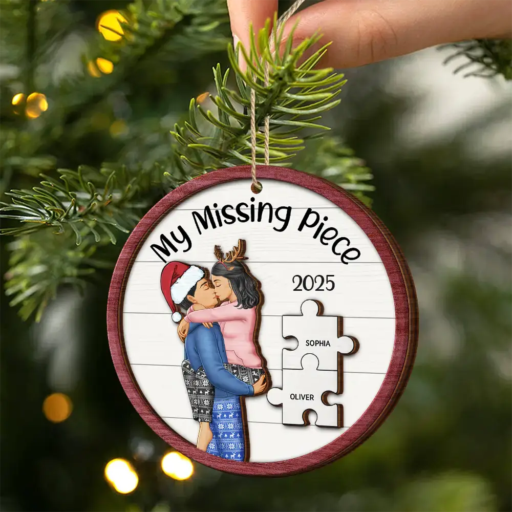 My Missing Piece Christmas Couple - Personalized 2-Layered Wooden Ornament - Image 2