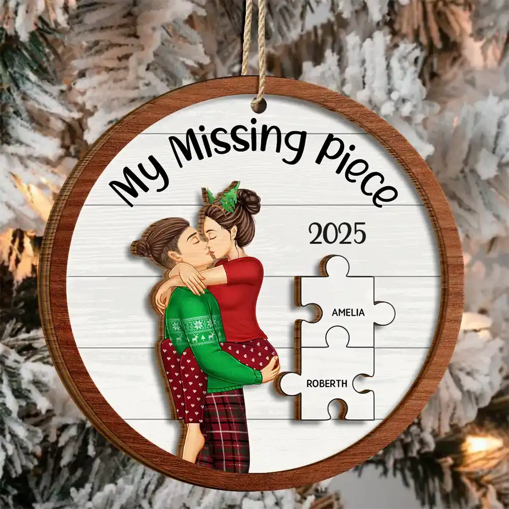 My Missing Piece Christmas Couple - Personalized 2-Layered Wooden Ornament - Image 3