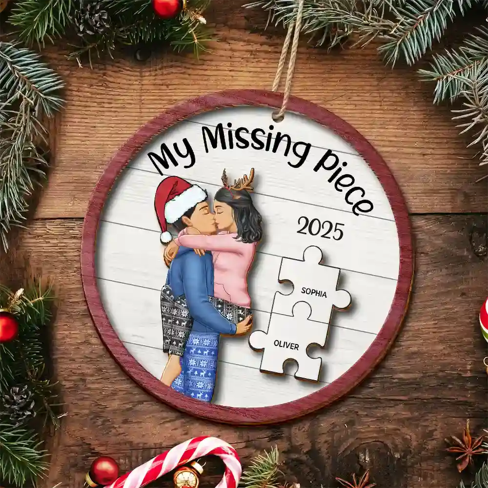 My Missing Piece Christmas Couple - Personalized 2-Layered Wooden Ornament - Image 5