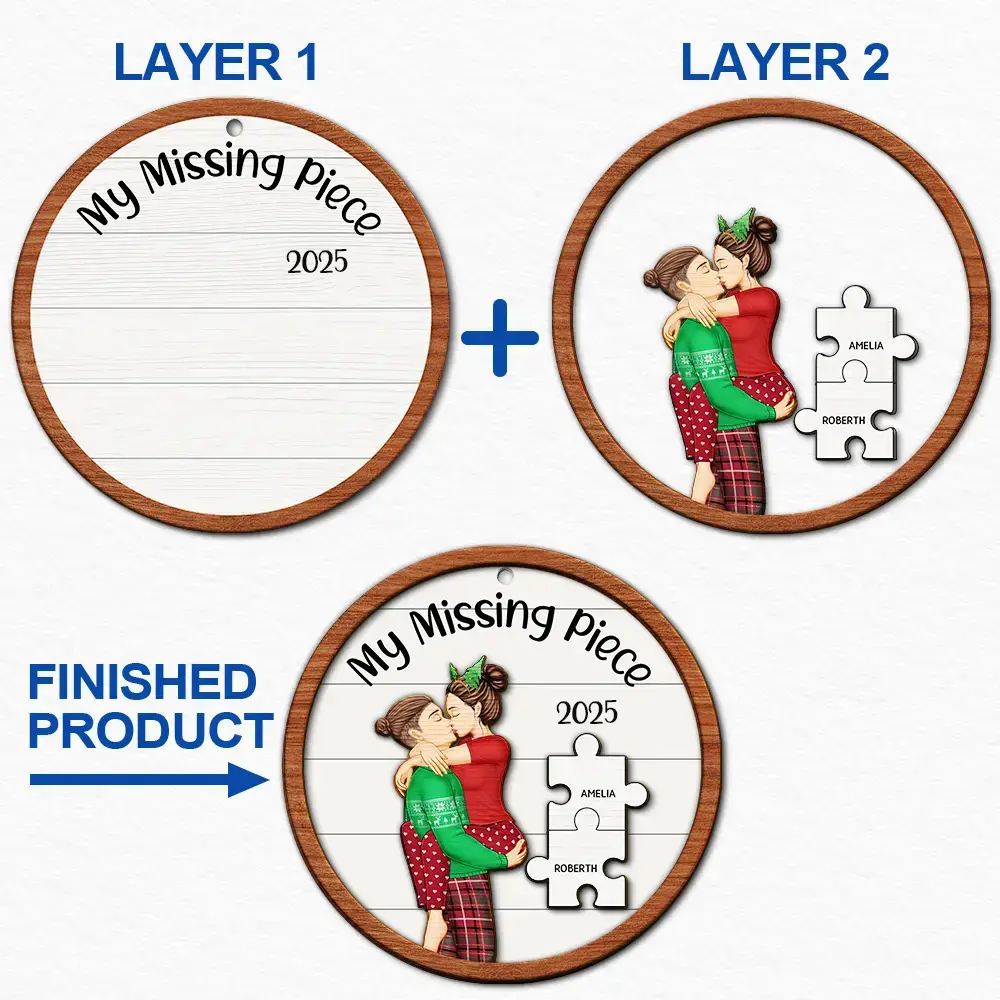 My Missing Piece Christmas Couple - Personalized 2-Layered Wooden Ornament - Image 6
