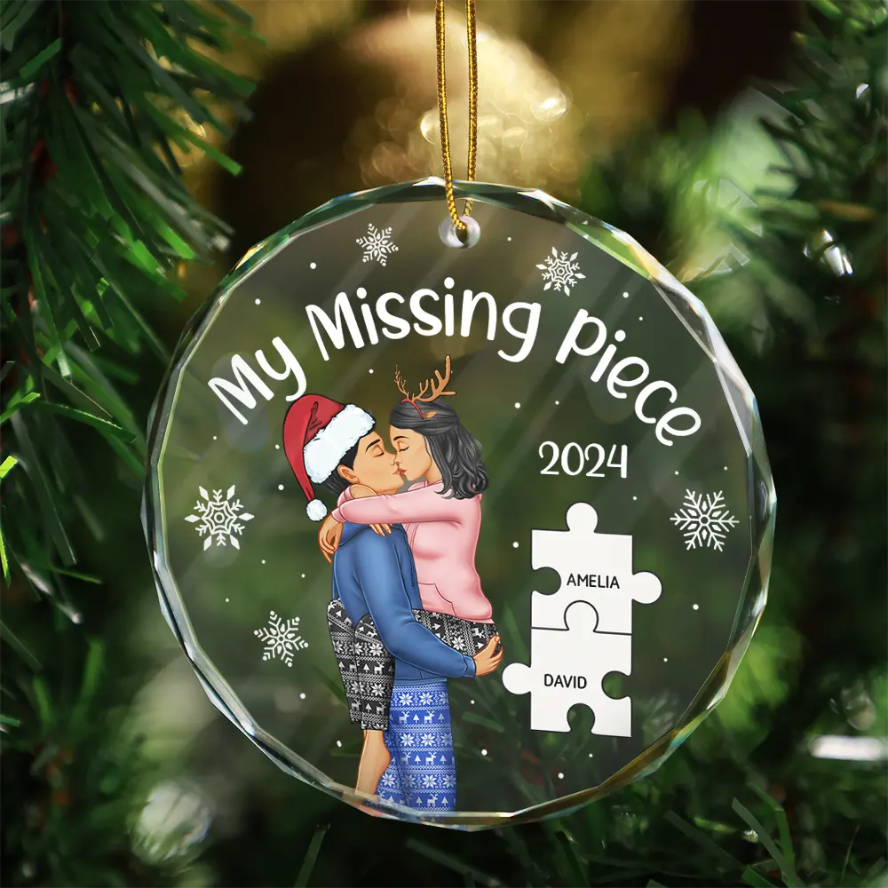 My Missing Piece Christmas Couple - Personalized Circle Glass Ornament - Image 3