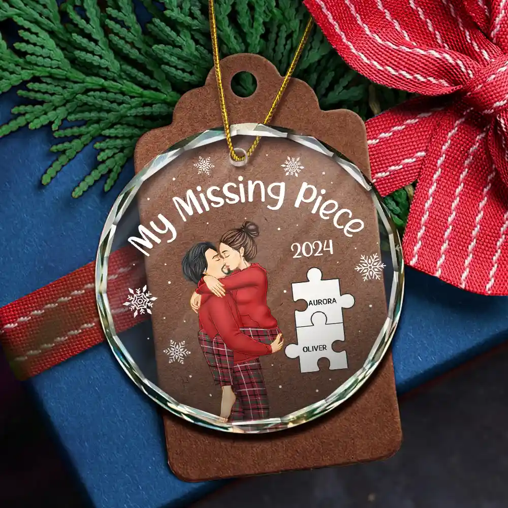 My Missing Piece Christmas Couple - Personalized Circle Glass Ornament - Image 5