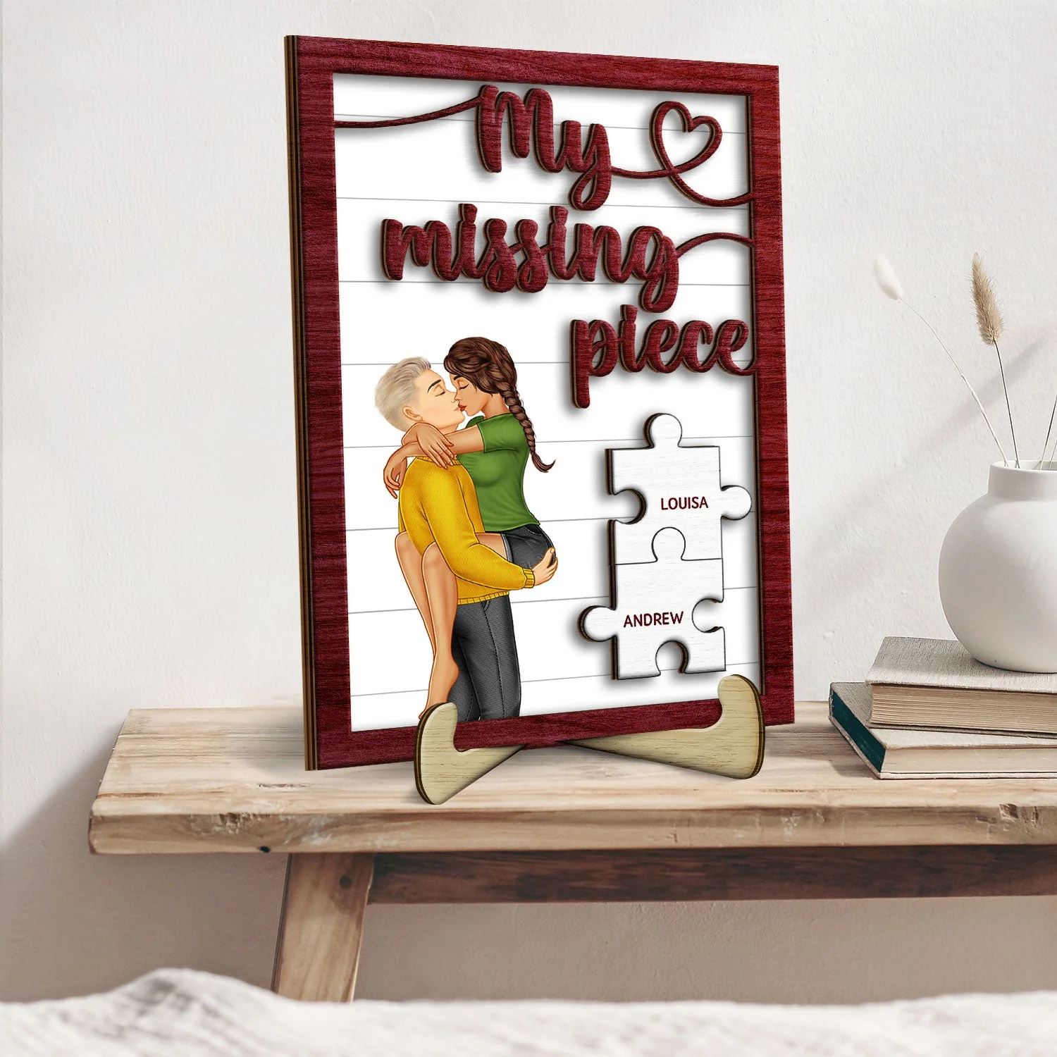 My Missing Piece Kissing Couple - Gift For Couples, Husband, Wife - Personalized 2-Layered Wooden Plaque With Stand - Image 2