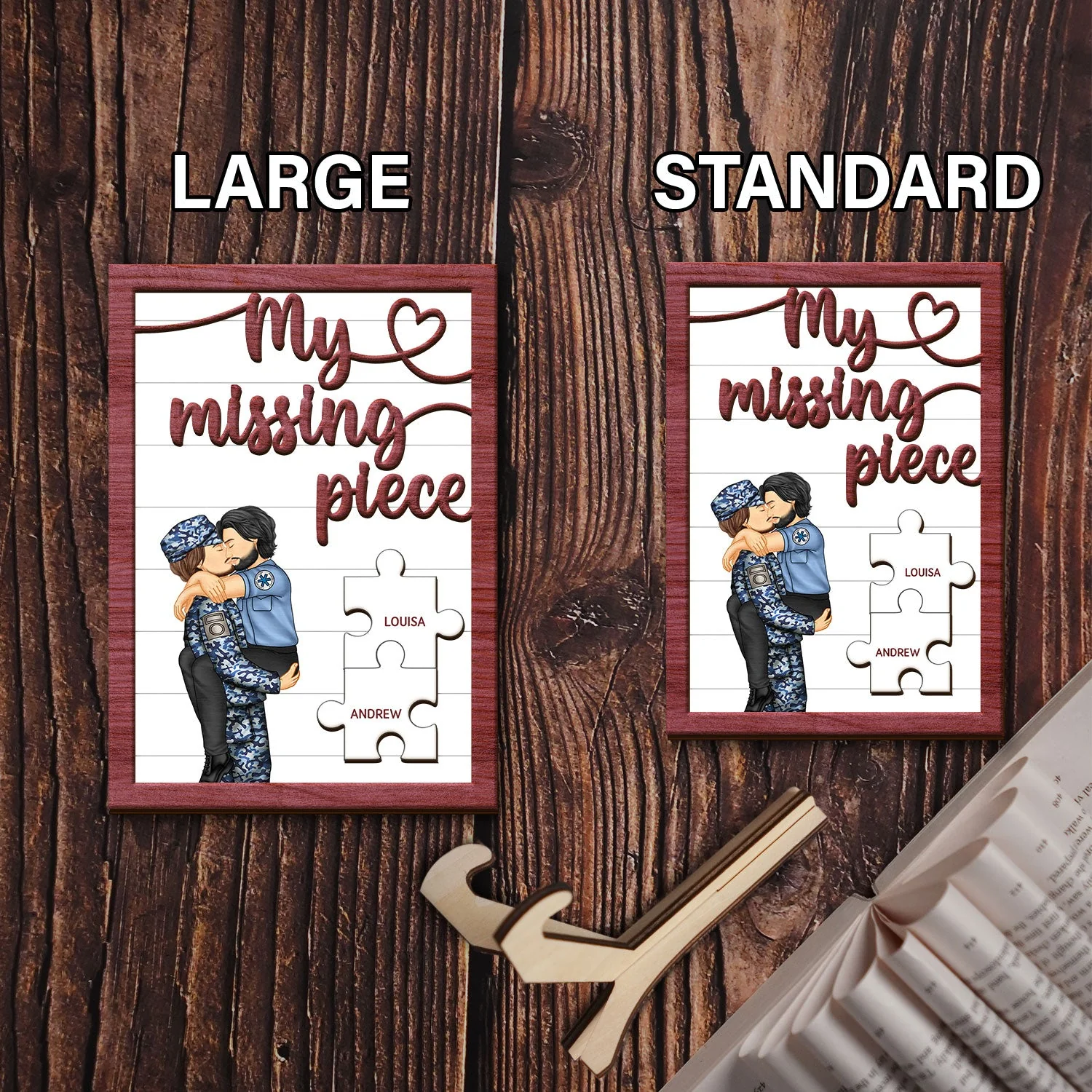 My Missing Piece Kissing Couple Occupation - Gift For Couples, Nurse, Firefighter, Police Officer - Personalized 2-Layered Wooden Plaque With Stand - Image 6