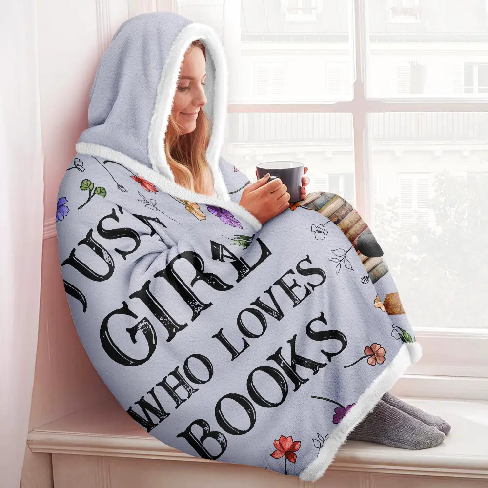 My Reading Blanket Reading Girl With Birth Month Flower - Personalized Wearable Hooded Blanket - Image 3
