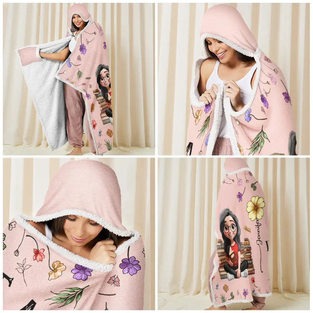 My Reading Blanket Reading Girl With Birth Month Flower - Personalized Wearable Hooded Blanket - Image 6
