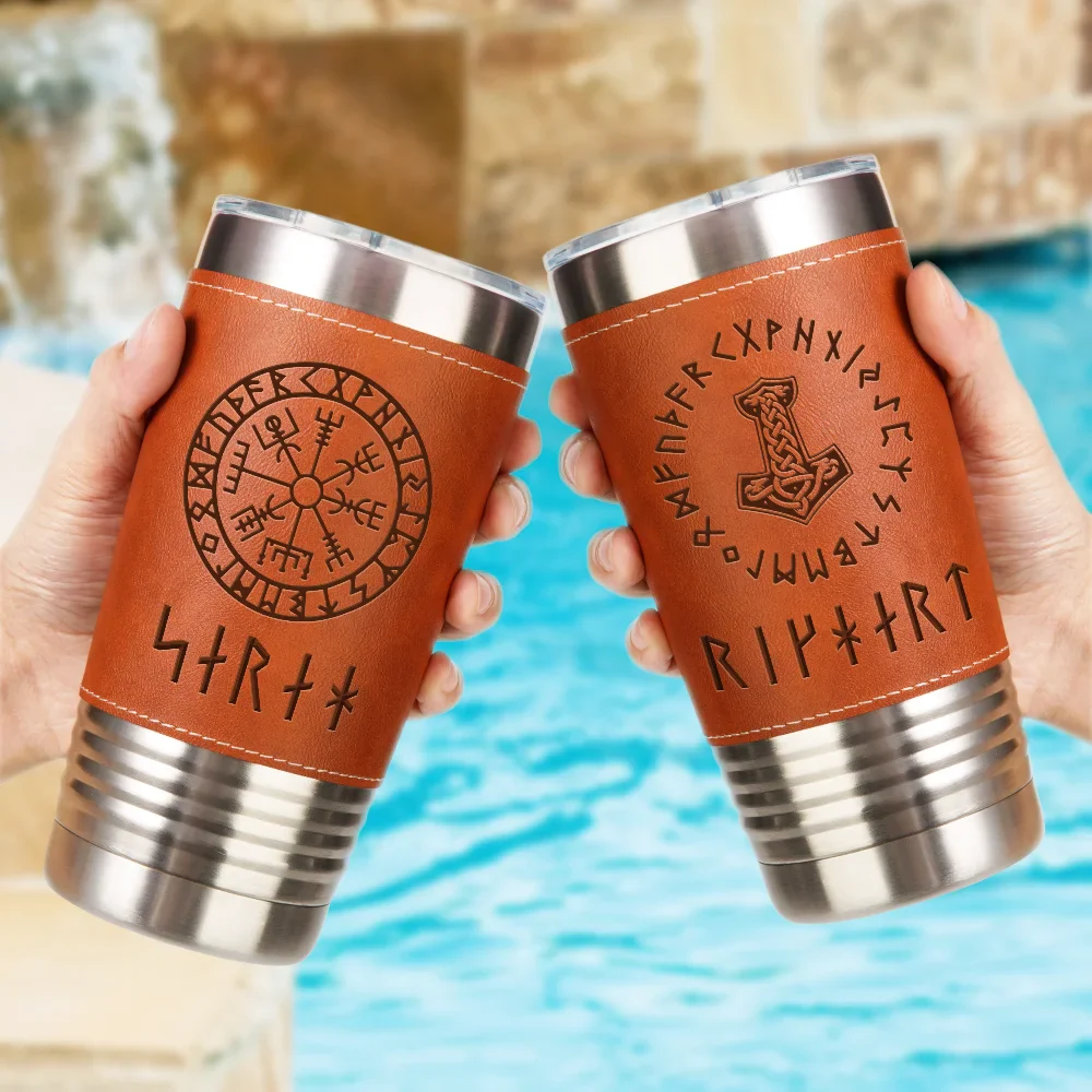 Name In Viking Runes - Personalized Leather Tumbler - Image 2