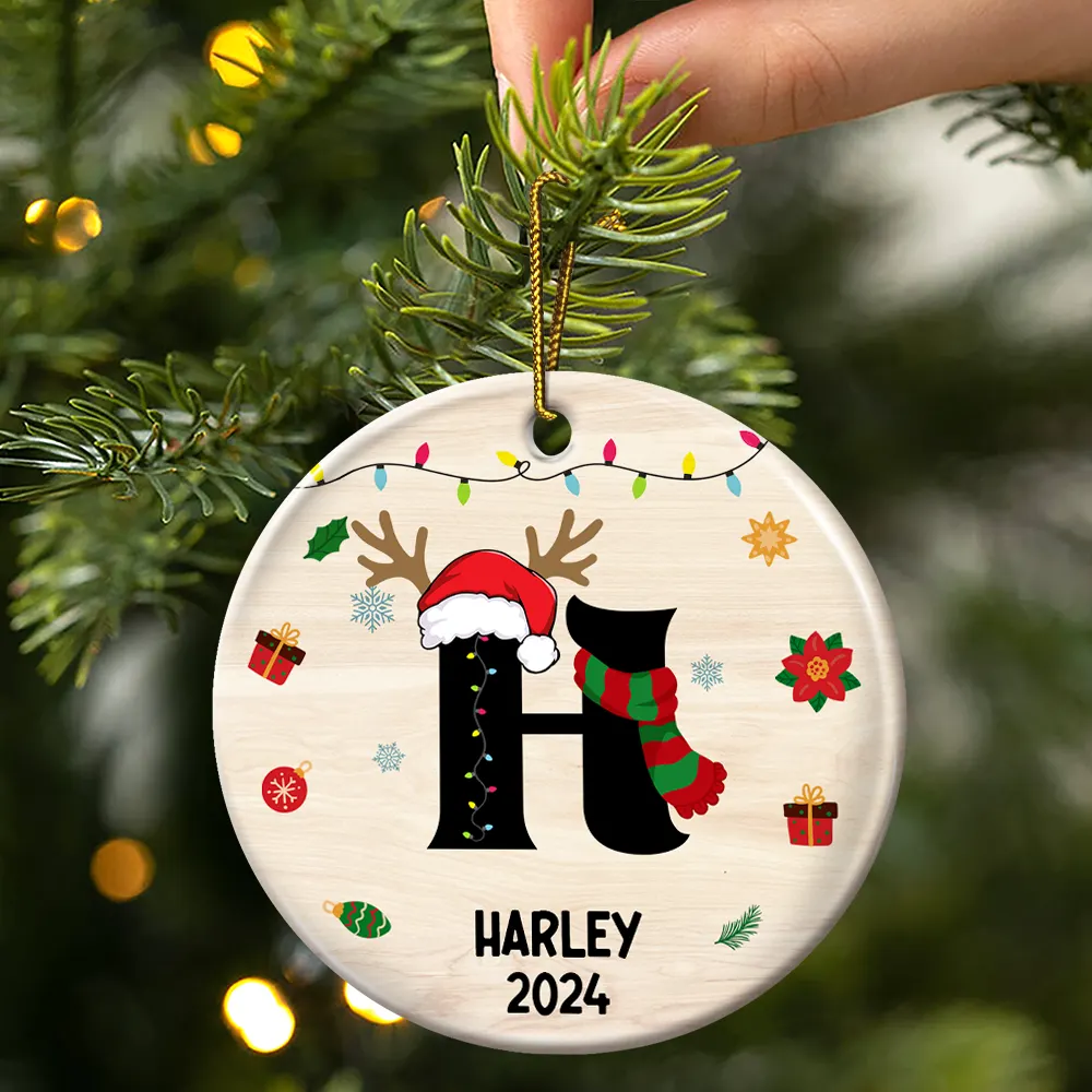 Name Monogram Christmas Family - Personalized Combo Circle Ceramic Ornament Set - Image 3