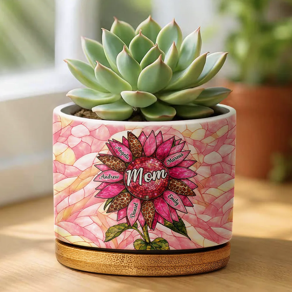 Nana Auntie Mom Family Sunflower - Personalized Ceramic Plant Pot - Image 2