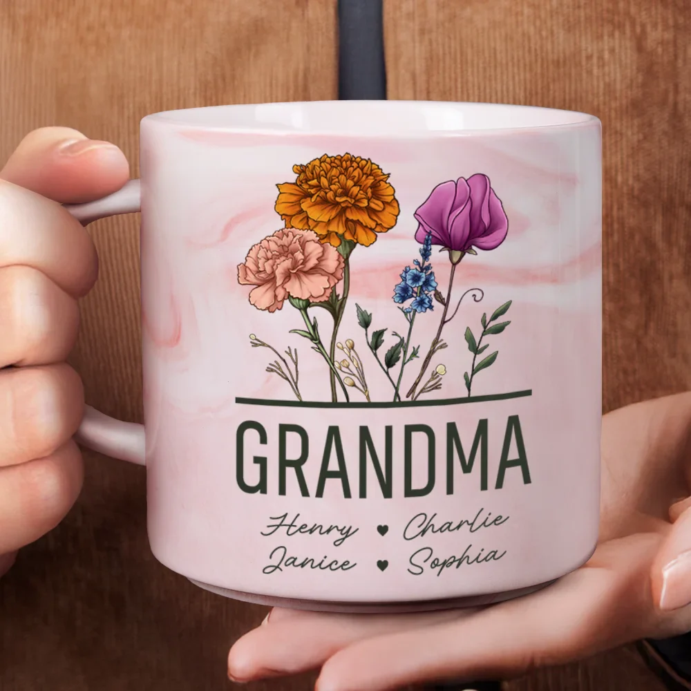 Nana Grandma Mom Birth Flowers - Personalized Marble Mug - Image 4