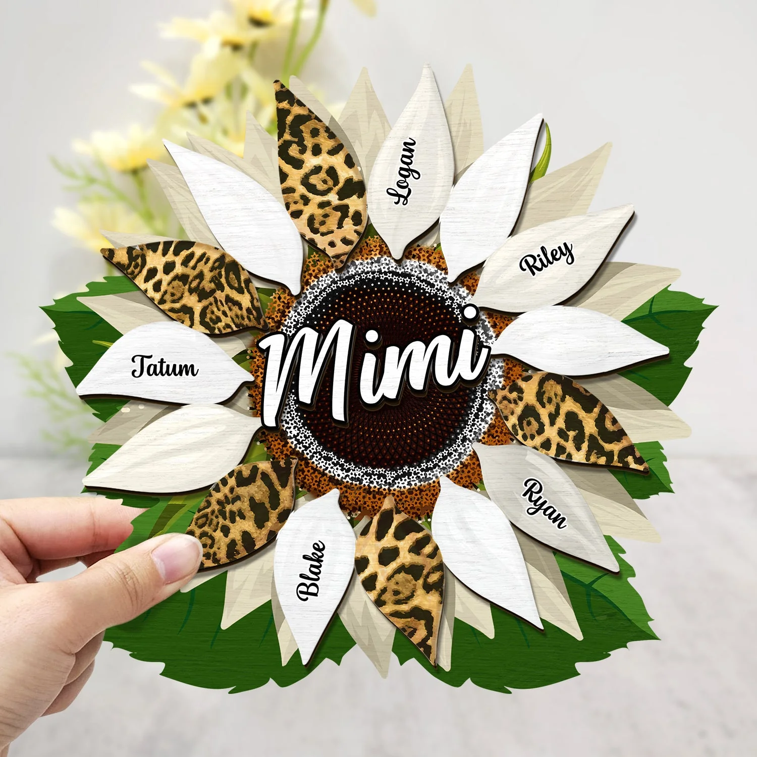 Nana, Mom, Auntie Family Sunflower - Birthday, Loving Gift For Mother, Grandma, Grandmother - Personalized 2-Layered Wooden Plaque With Stand - Image 3
