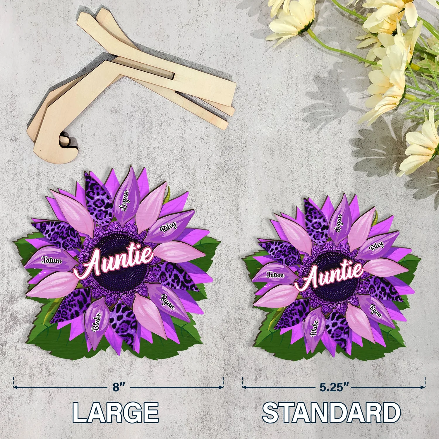 Nana, Mom, Auntie Family Sunflower - Birthday, Loving Gift For Mother, Grandma, Grandmother - Personalized 2-Layered Wooden Plaque With Stand - Image 4