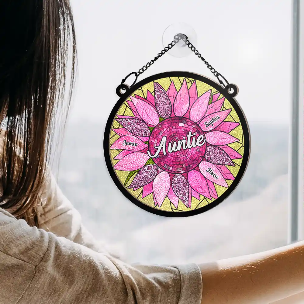 Nana Mom Auntie Family Sunflower - Personalized Window Hanging Suncatcher Ornament - Image 4