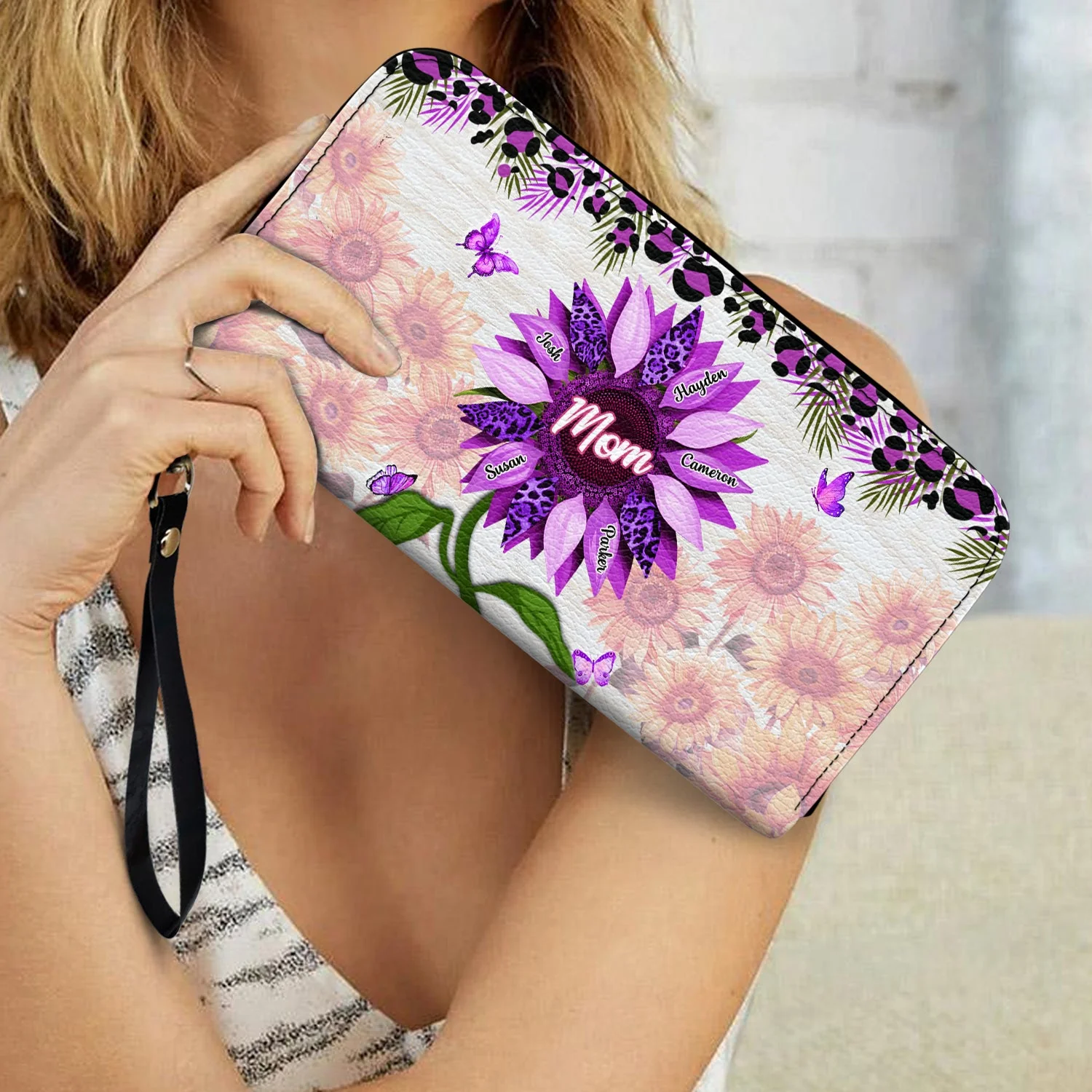 Nana, Mom, Auntie Sunflower - Birthday, Loving Gift For Mother, Grandma, Grandmother - Personalized Leather Long Wallet - Image 3