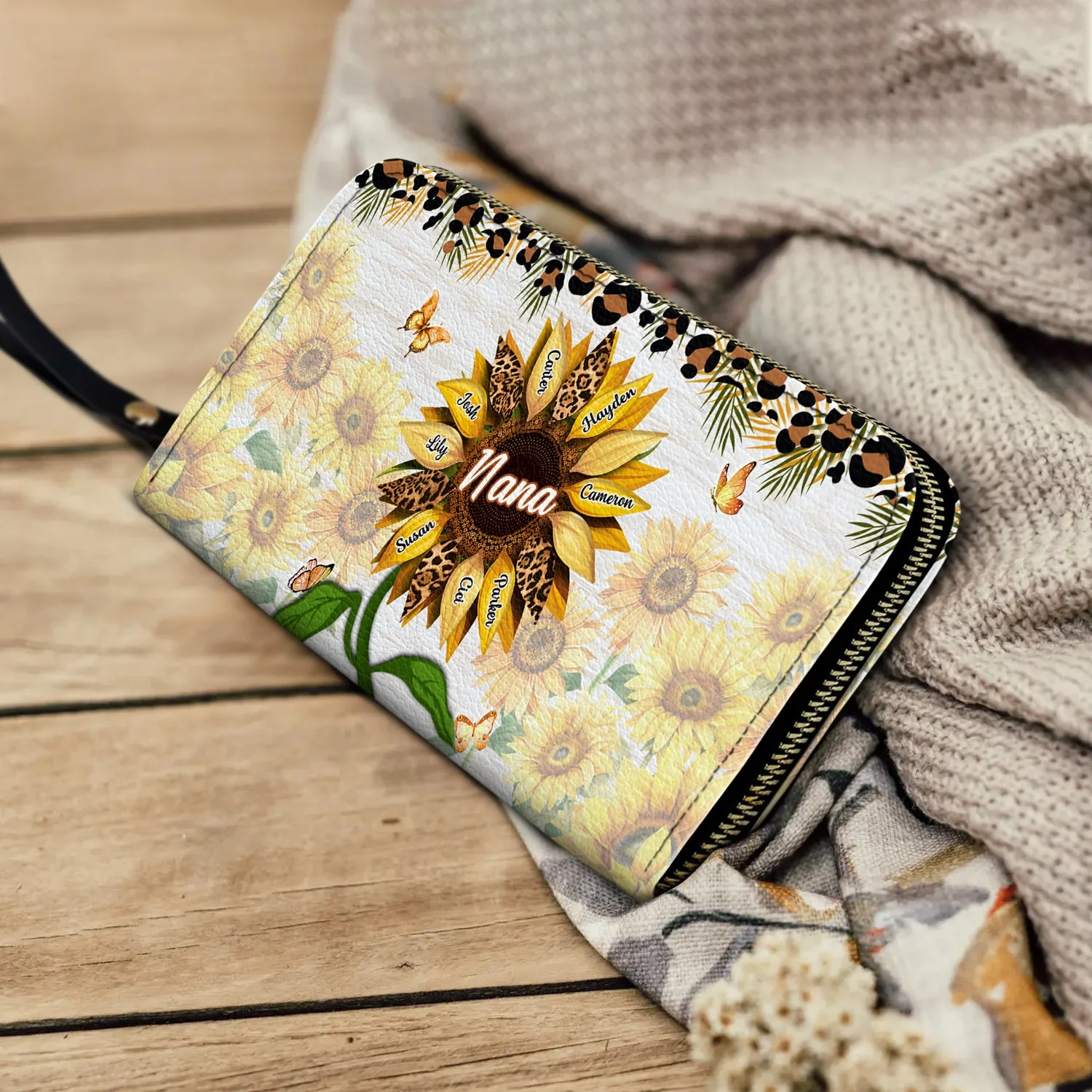 Nana, Mom, Auntie Sunflower - Birthday, Loving Gift For Mother, Grandma, Grandmother - Personalized Leather Long Wallet - Image 4