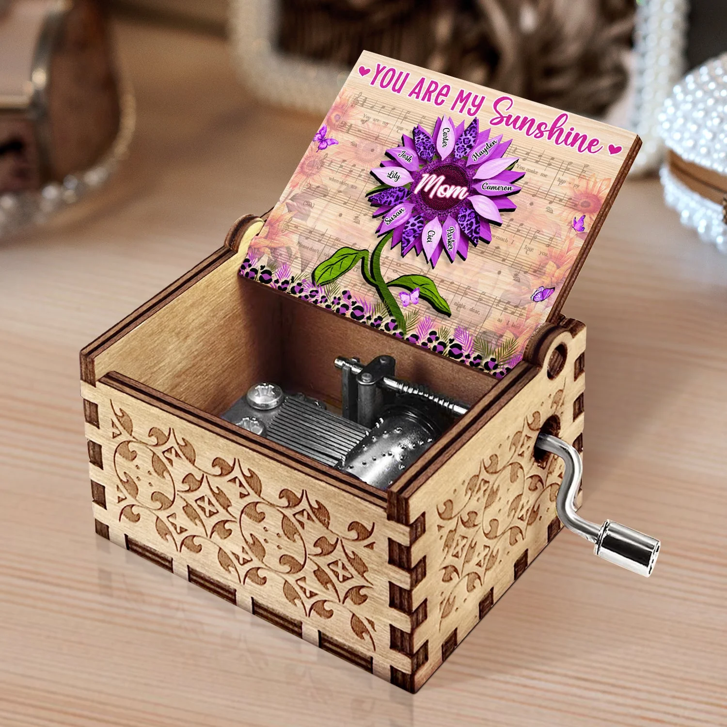 Nana, Mom, Auntie You Are My Sunshine - Birthday, Loving Gift For Mother, Grandma, Grandmother - Personalized Spin Button, Hand Crank Music Box - Image 3