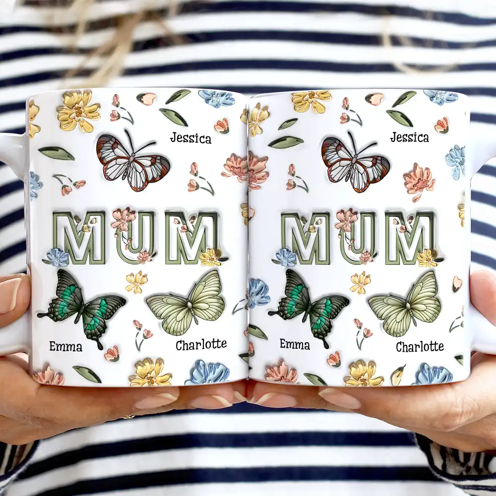 Nana Mom Birth Butterflies - 3D Inflated Effect Printed Mug, Personalized White Edge-to-Edge Mug - Image 2