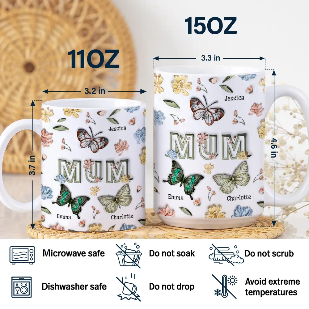 Nana Mom Birth Butterflies - 3D Inflated Effect Printed Mug, Personalized White Edge-to-Edge Mug - Image 5