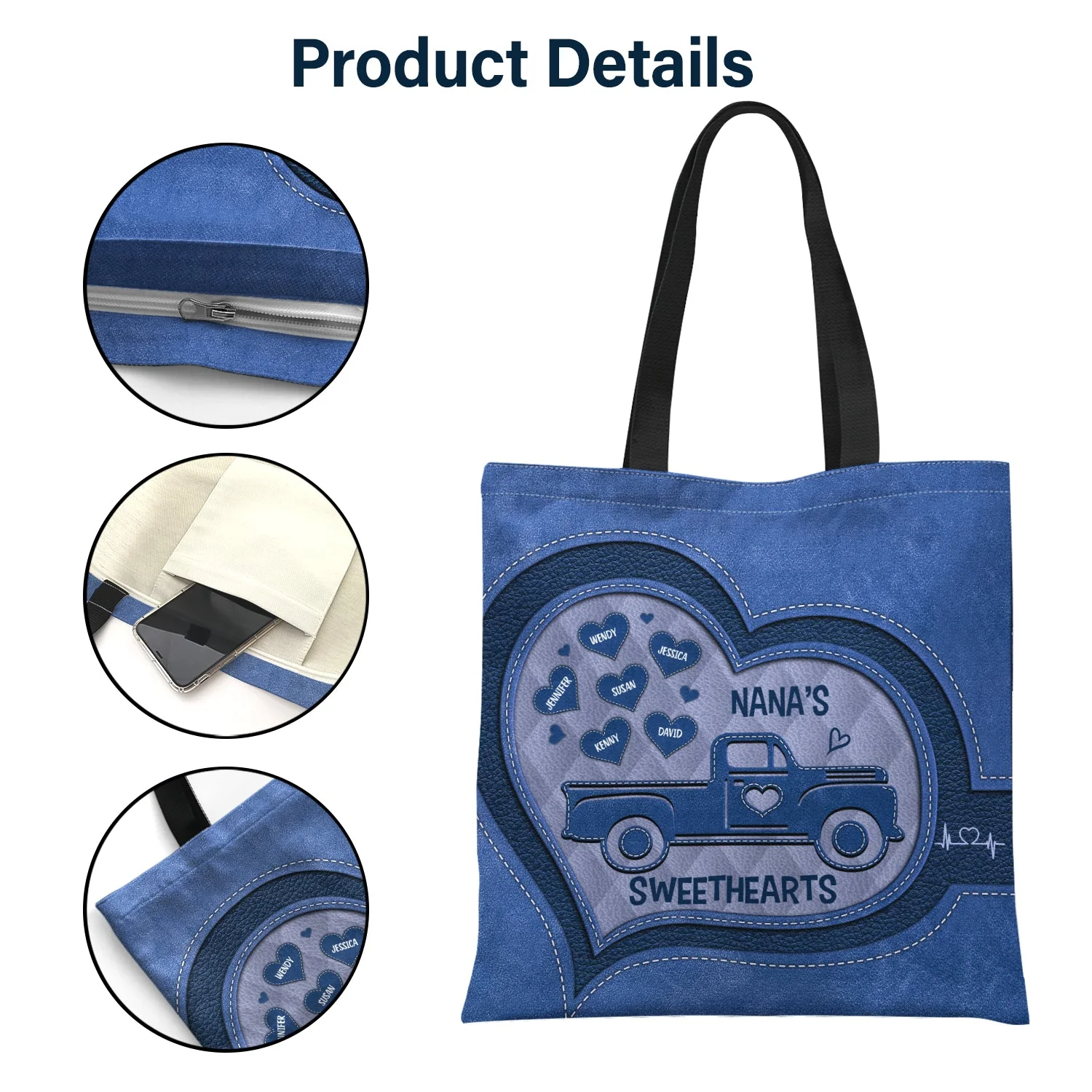 Nana's Sweethearts Leather Pattern - Gift For Grandma - Personalized Zippered Canvas Bag - Image 4