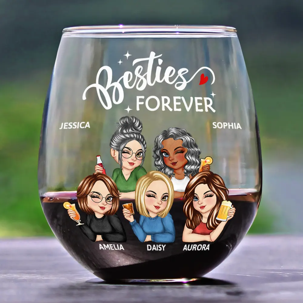Never Too Far To Drink Together Besties Sisters - Personalized Stemless Wine Glass - Image 2