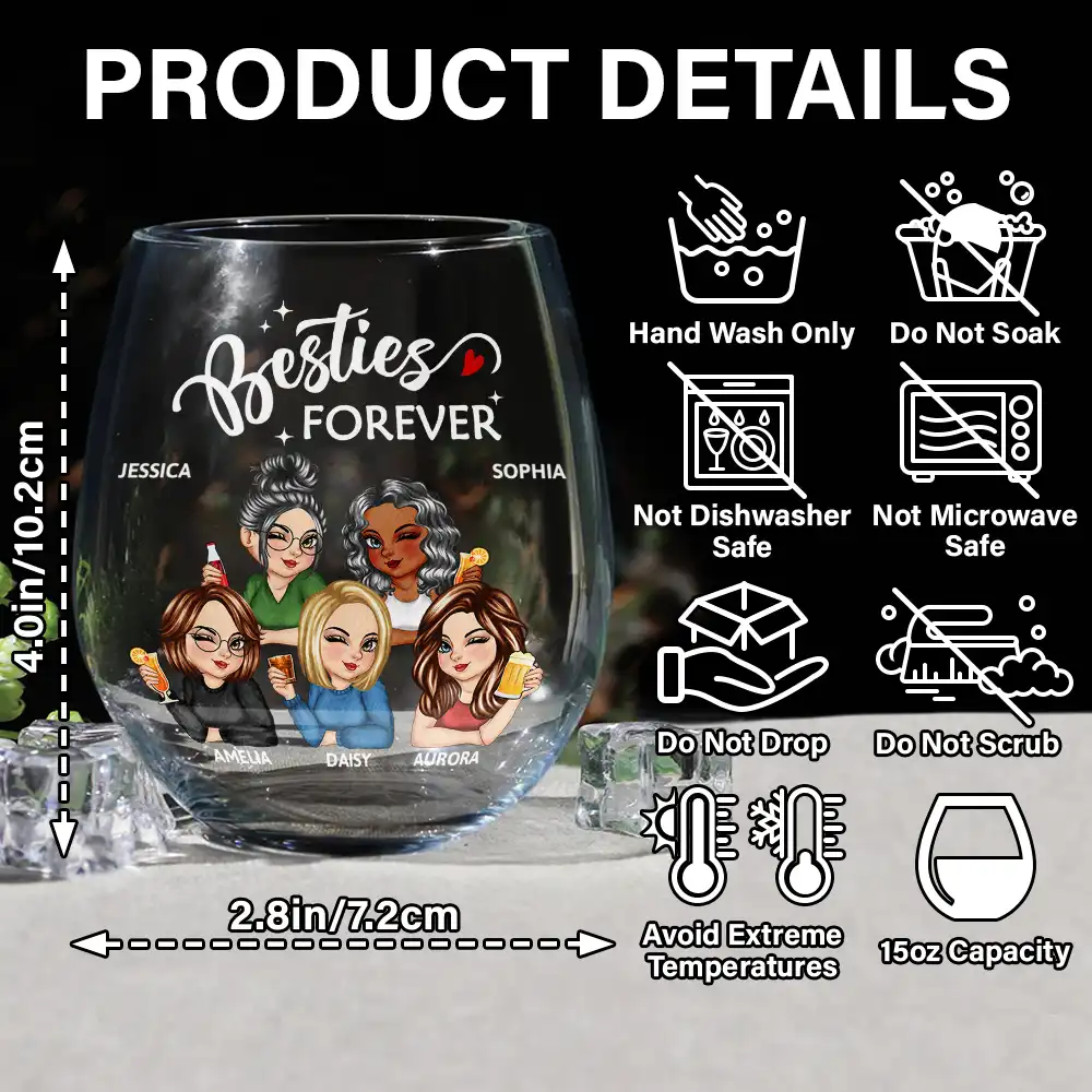 Never Too Far To Drink Together Besties Sisters - Personalized Stemless Wine Glass - Image 5