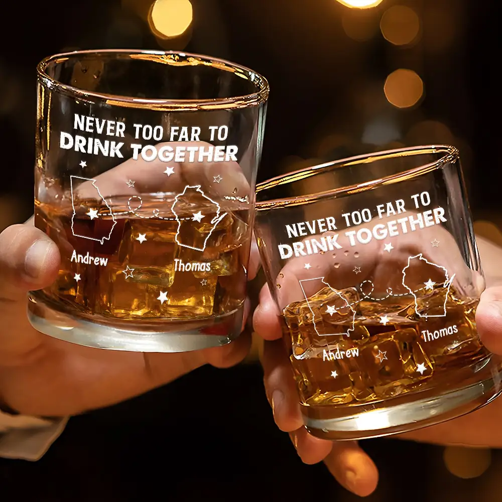 Never Too Far To Drink Together - Personalized Whiskey Glass - Image 3