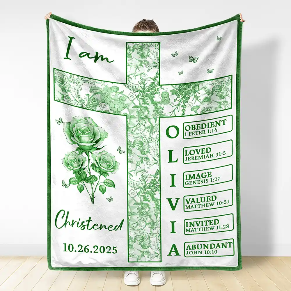 Newborn Baby Baptized Dedicated Christened First Communion - Personalized Fleece Blanket, Sherpa Blanket - Image 3