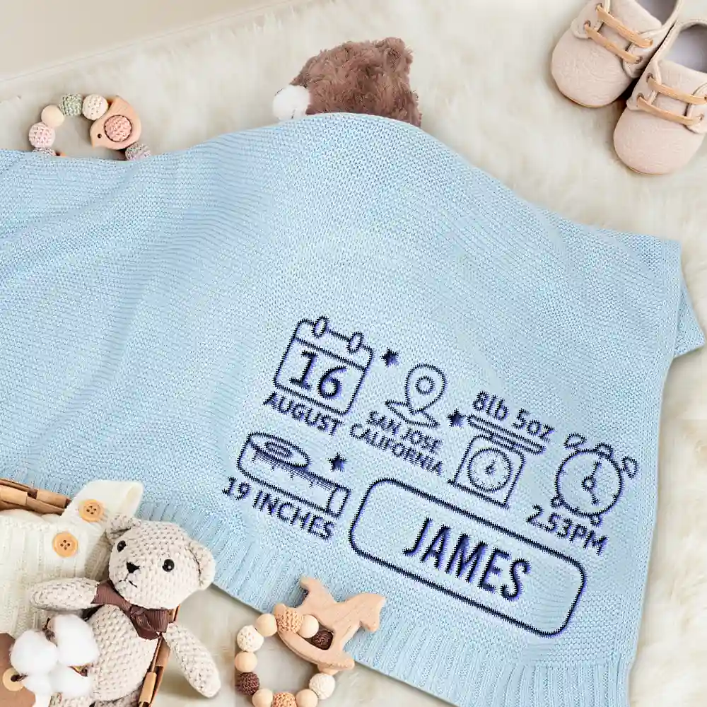 Newborn Baby First Year New Parents - Personalized Embroidered Knitted Baby Blanket - Image 3