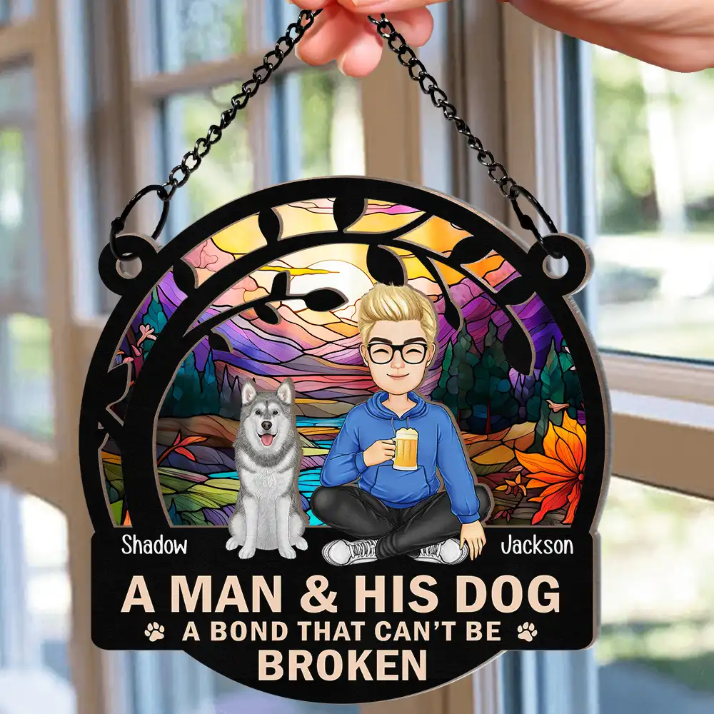 Night Sky A Girl And Her Dog Cartoon Woman With Pet - Personalized Window Hanging Suncatcher Ornament - Image 2
