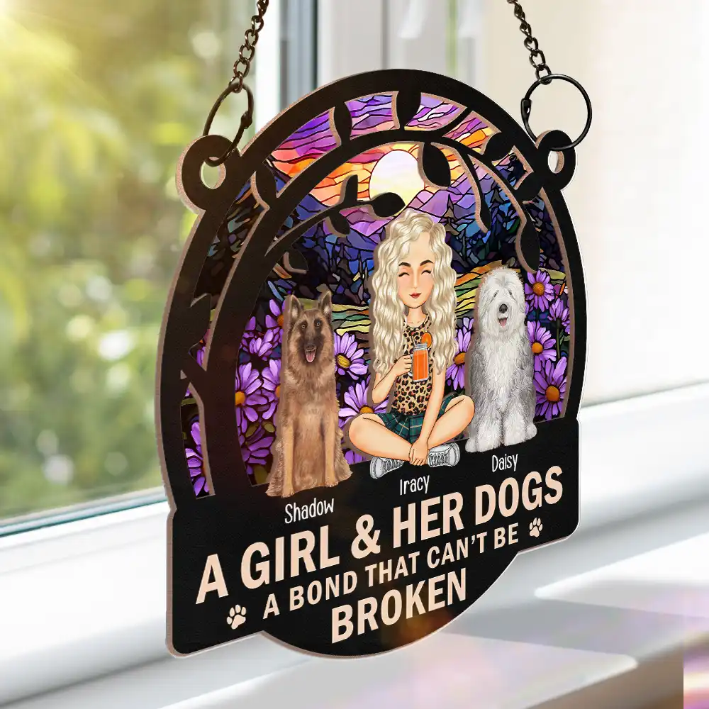 Night Sky A Girl And Her Dog Cartoon Woman With Pet - Personalized Window Hanging Suncatcher Ornament - Image 3